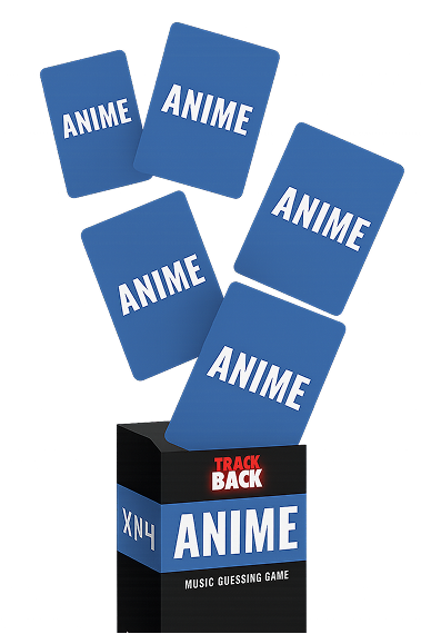 Anime cards scattered above Track Back game box